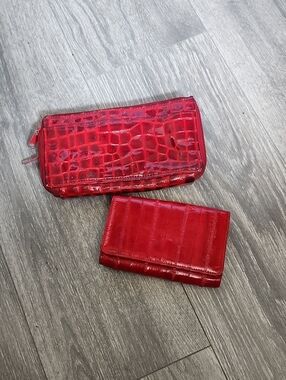 Red Croc-Embossed Wallet and Card Holder Set